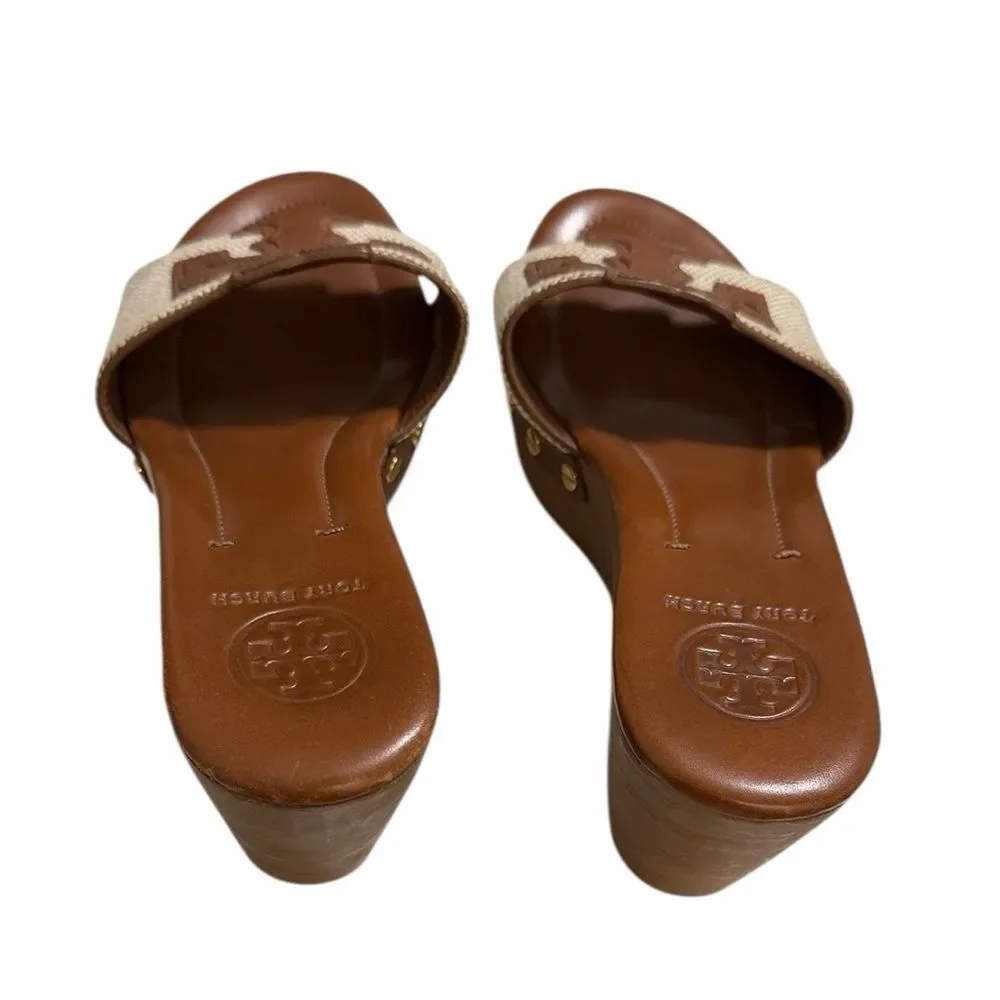 Tory Burch Brown and Tan Wedge Slide Sandals Size 7.5